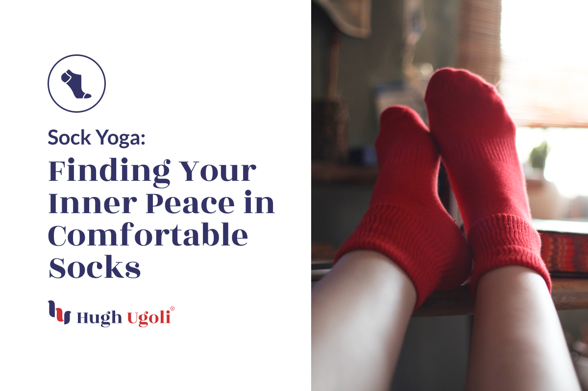 The image shows a pair of feet wearing red socks, with text about the benefits of sock yoga for comfort and inner peace.
